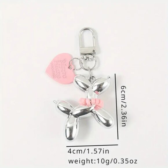 Set of 2 Cute Balloon Dog with necklace & heart Charm Keychains Mirror Style - Picture 7 of 8